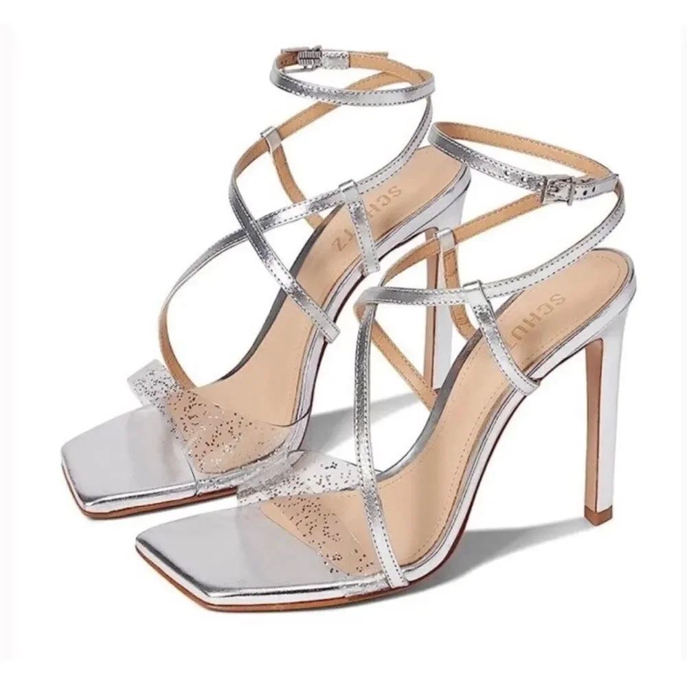 Schutz Aisha Cristal Prata Silver Clear Glitter Strappy Heel Sandals Sexy Sz 7.5